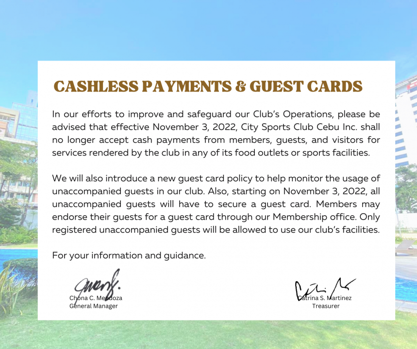 Club Announcements - Cashless payments and guest card